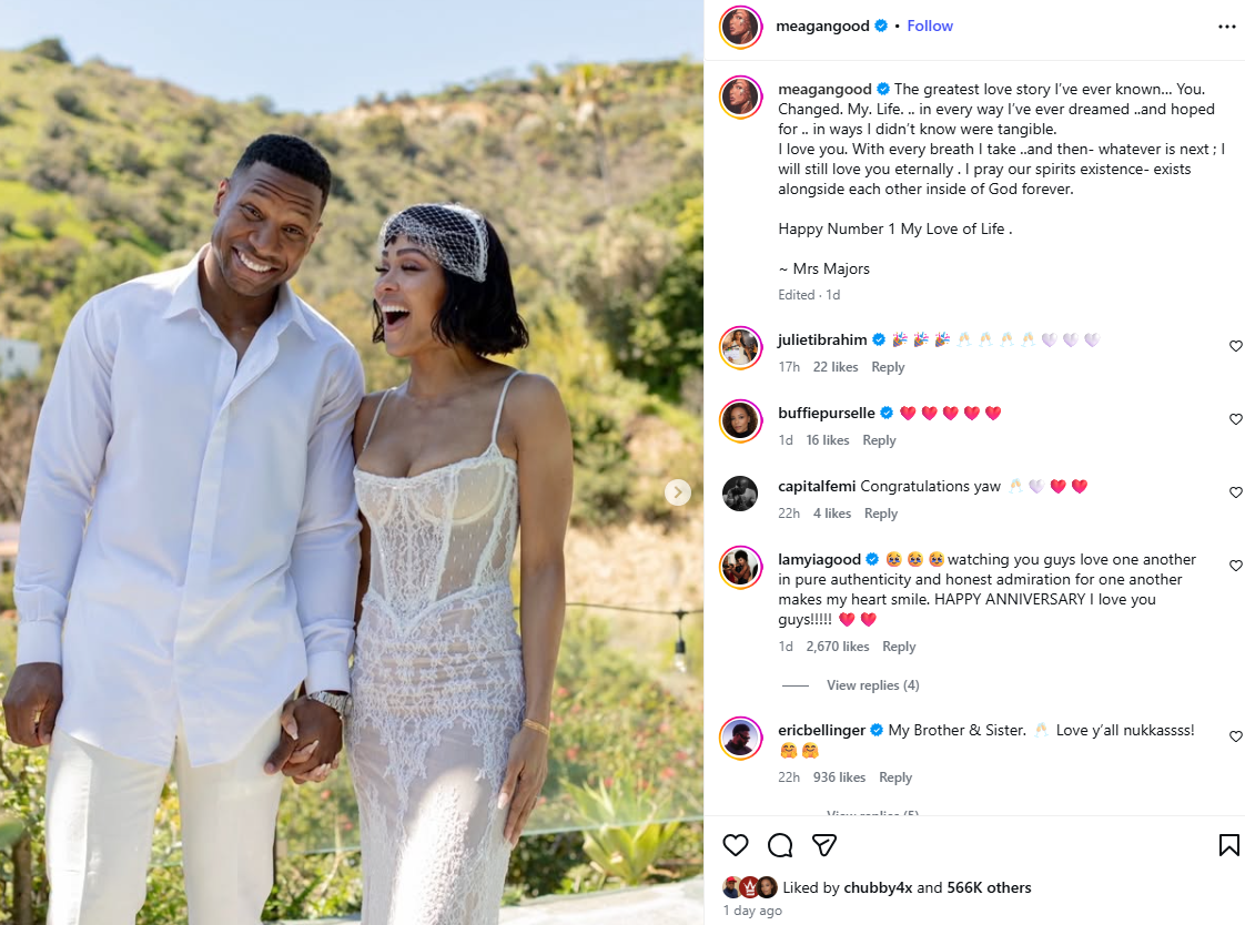 ‘You Changed My Life’: Meagan Good and Jonathan Majors Celebrate First Wedding Anniversary Amid Controversy and Comeback
