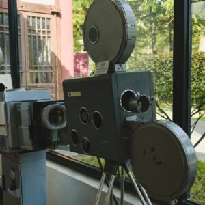 Vintage film projector and camera on display
