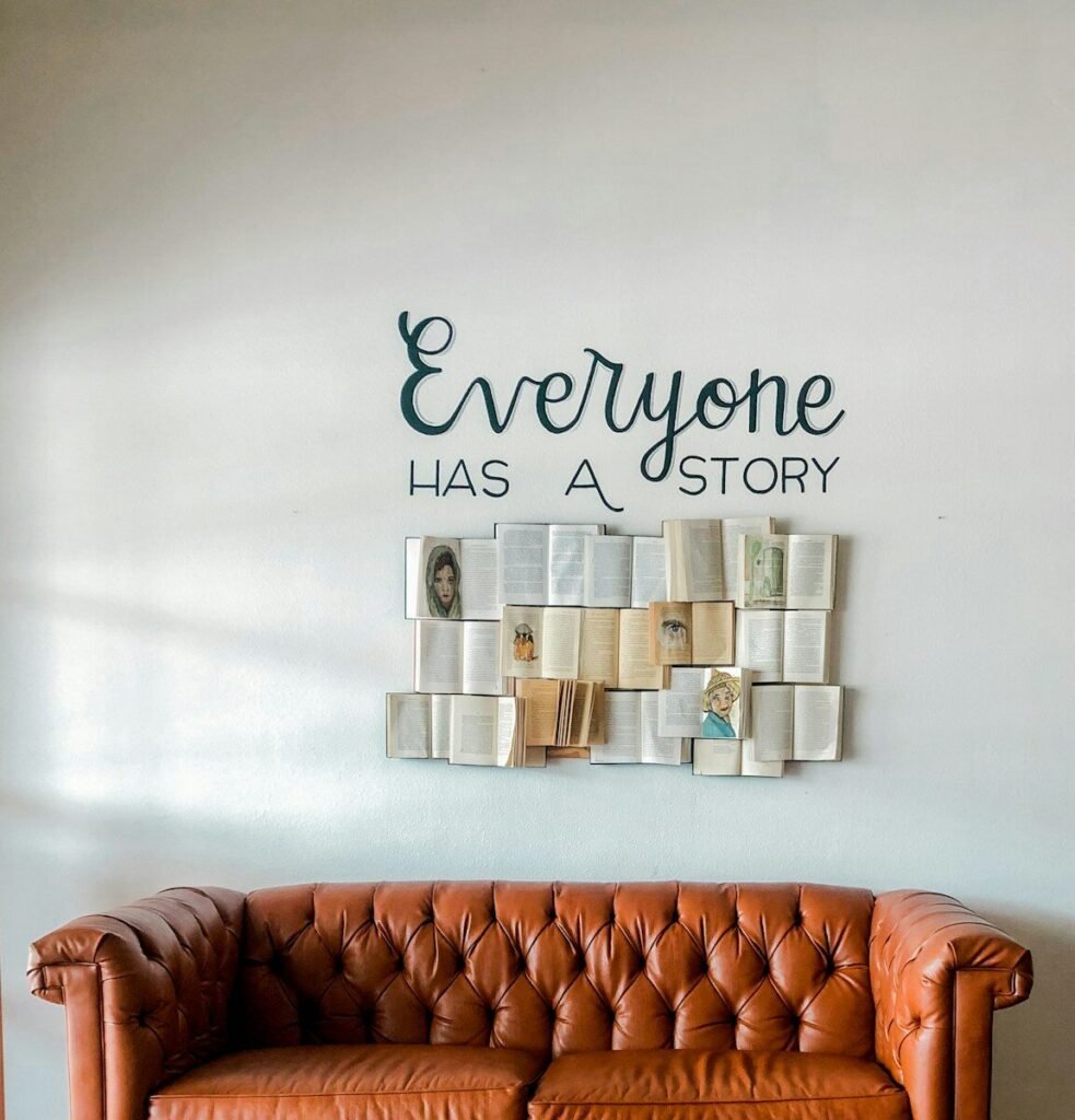 Letters, Stories & Society 1 a brown leather couch sitting in front of a white wall, story
