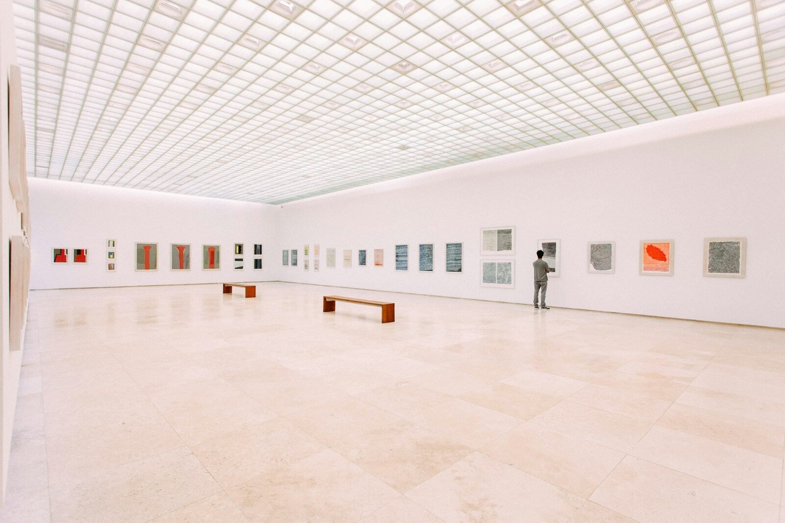 person looking at painting, art, gallery, museum, music, sound
