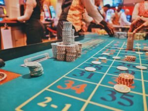 a casino table with a lot of chips on it, gambling, casino, betting,